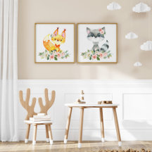 Forest Animals, Pink Flowers Nursery Prints