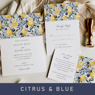 Elegant Citrus and Blue Botanical Wedding Invitation