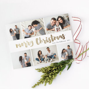 Handwritten Merry Christmas 6 Photo Rose Gold Foil Holiday Card