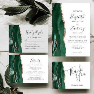 Modern Emerald Green Rose Gold Agate Wedding RSVP Card