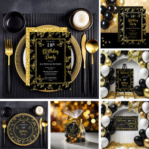 Elegant Black Gold Butterflies 18th Birthday Party Invitation