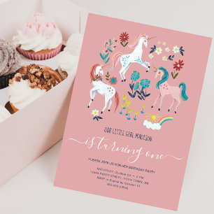 Unicorn cute magical girls first birthday party invitation