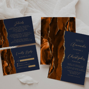 Burnt Orange Agate Gold Navy Blue Script Wedding Invitation
