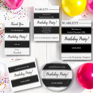 Modern Black And White Stripes Elegant Birthday Invitation