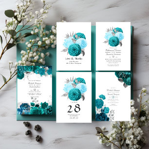 Teal - Turquoise and Silver Floral Wedding Table Number