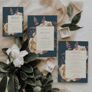 Elegant Floral Ivory Rose Gold Teal Wedding RSVP Enclosure Card