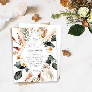 Invitation Boho Cuivre Pampas Grass & Beige Floral Mariage