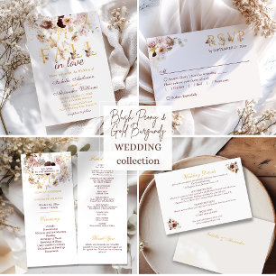 Menu Blush Peony & Gold Burgundy Floral Mariage