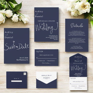 Elegant Simple Navy Blue White Modern Chic Wedding RSVP Card