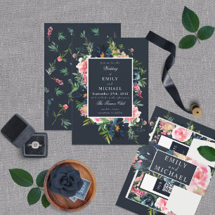 Romantic Navy Blue Blush Pink Floral All In One Invitation