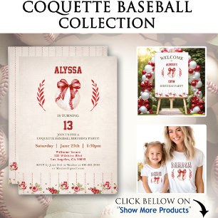 Coquette Baseball Red Bow Floral Vintage Birthday Invitation