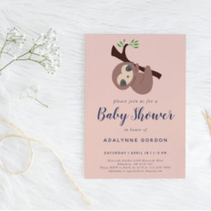 Sloth Baby Shower Girl Pink Brown Modern Simple  Invitation