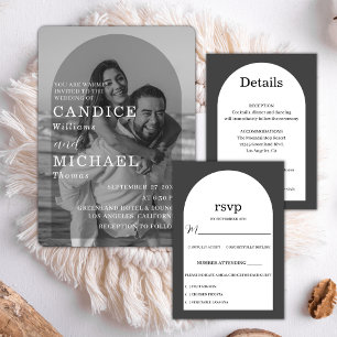 Modern Elegant Black And White Arch Photo Wedding  RSVP Card