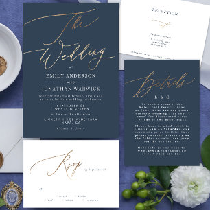 Gold Classic Navy Blue White Calligraphy Reception Invitation