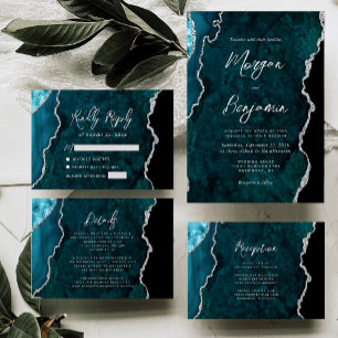 Modern Teal Blue Agate Silver Script Wedding Invitation