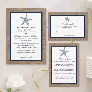 The Navy Starfish Burlap Beach Wedding Collection Invitation