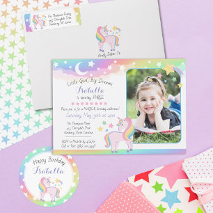 Rainbow Stars & Magical Unicorn Happy Birthday Classic Round Sticker
