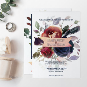 Elegant Boho Burgundy Navy Mauve Floral Wedding Invitation