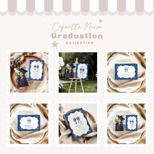 Photo Blue Toile Bow Nurse School Grad Invitation