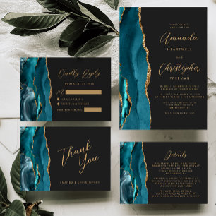 Teal Blue Agate Gold Script Slate Wedding Invitation