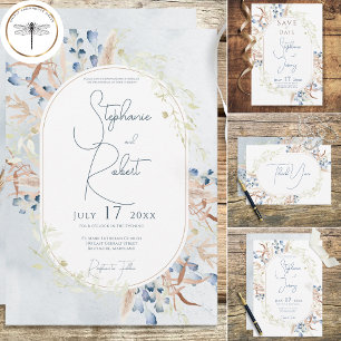 Blue Dried Boho Flowers White Wedding Invitation