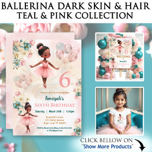 Pink Teal Floral Dark Skin Ballerina Girl Birthday Invitation