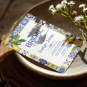 Italian Mosaic Blue Tile Lemons Arch Bridal Shower Invitation