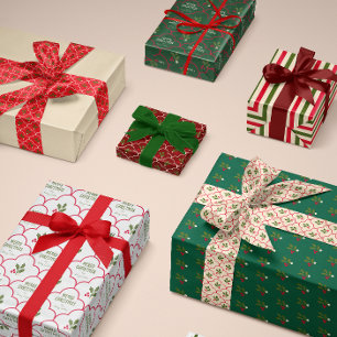 Red Scallop Tile Christmas Sprigs Custom Wrapping Paper