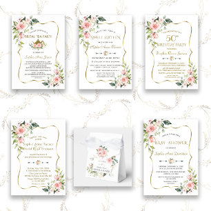 Charm Pink Blush Flowers Gold Frame Wedding Invitation