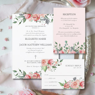 Elizabeth Elegant Pink Flowers Catholic Wedding Invitation