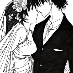 Black and White Anime Bride and Groom Square Sticker