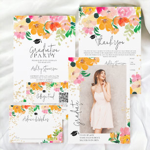 Gold glitter floral photo botanical graduation invitation