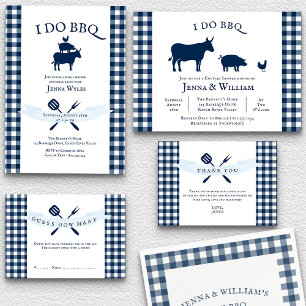 I Do BBQ Vintage Navy Blue Gingham Bridal Shower Invitation