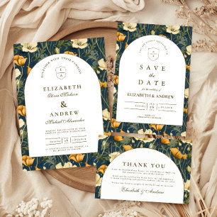 Navy Blue Floral Arch Elegant Wedding Thank You Card