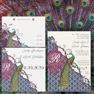 Vintage Birds Lagoon Endive Damask Wedding Invitation