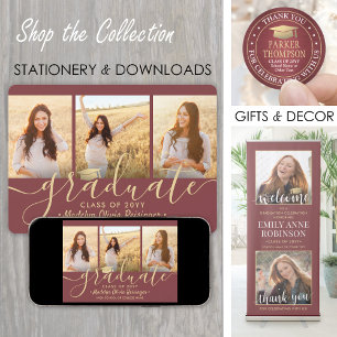 Downloadable 4 Photo Graduation Burgundy & Gold Announcement