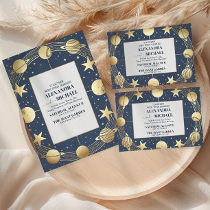Celestial Navy Gold Crescent Moon Wedding All In One Invitation