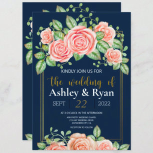 Navy Blue Gold Blush Floral Reception Insert  Invitation