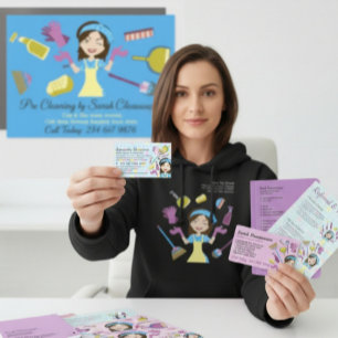 Blue Pink Janitorial Lady Cleaning Appointment Business Card