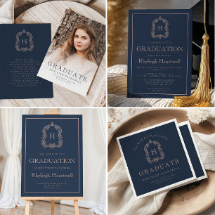 Monogram Crest Navy Blue Rose Graduation Party Napkin