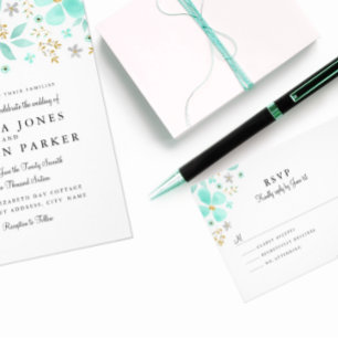 Floral Gold Mint Leaf Wedding Invitation
