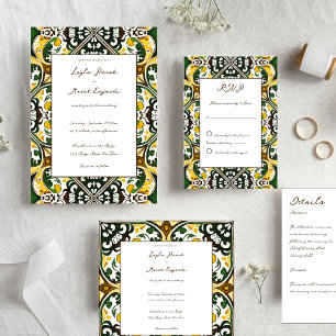 Green yellow Mediterranean tile all in one wedding Invitation