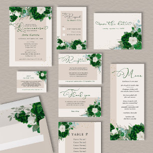 Emerald Green and Ivory Rose Floral Save the Date Announcement Postcard