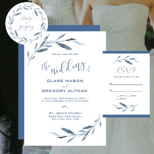 Blue and White Watercolor Leaves Wedding  Invitation