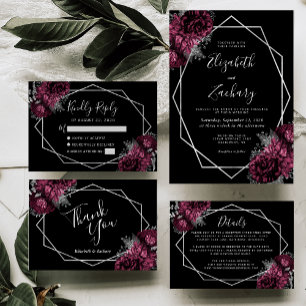 Invitation Bourgogne Floral Argent Frame Black Mariage