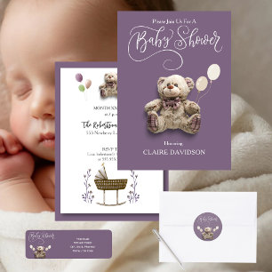 Cute Baby Bear with Balloons Purple White  Classic Round Sticker