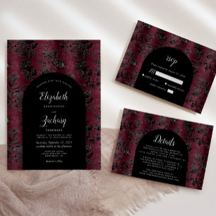 Moody Burgundy Black Damask Arch Dark Wedding Invitation