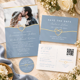Dusty Blue Gold Heart Wedding Invitation