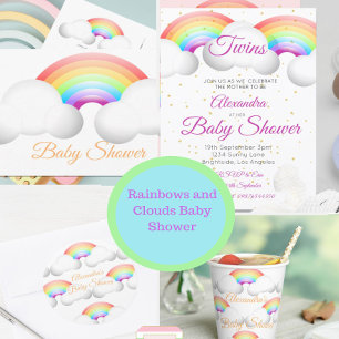Twins Baby Shower Rainbow Clouds Colourful Spots Invitation