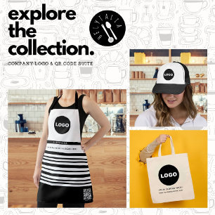Business Logo QR Black White Stripes Employee Name Apron